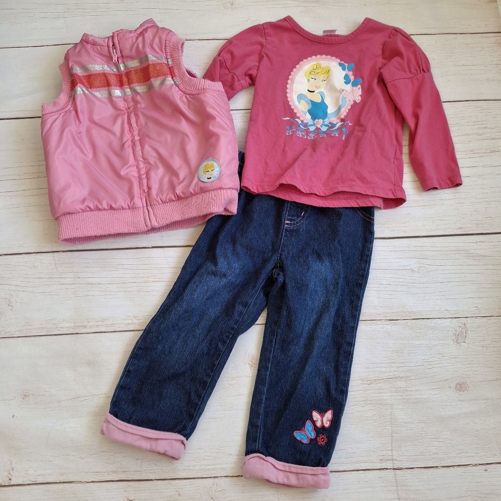 Disney Baby 18-24M Long Sleeve Tee, Vest, Jeans Cinderella 3 Piece Set